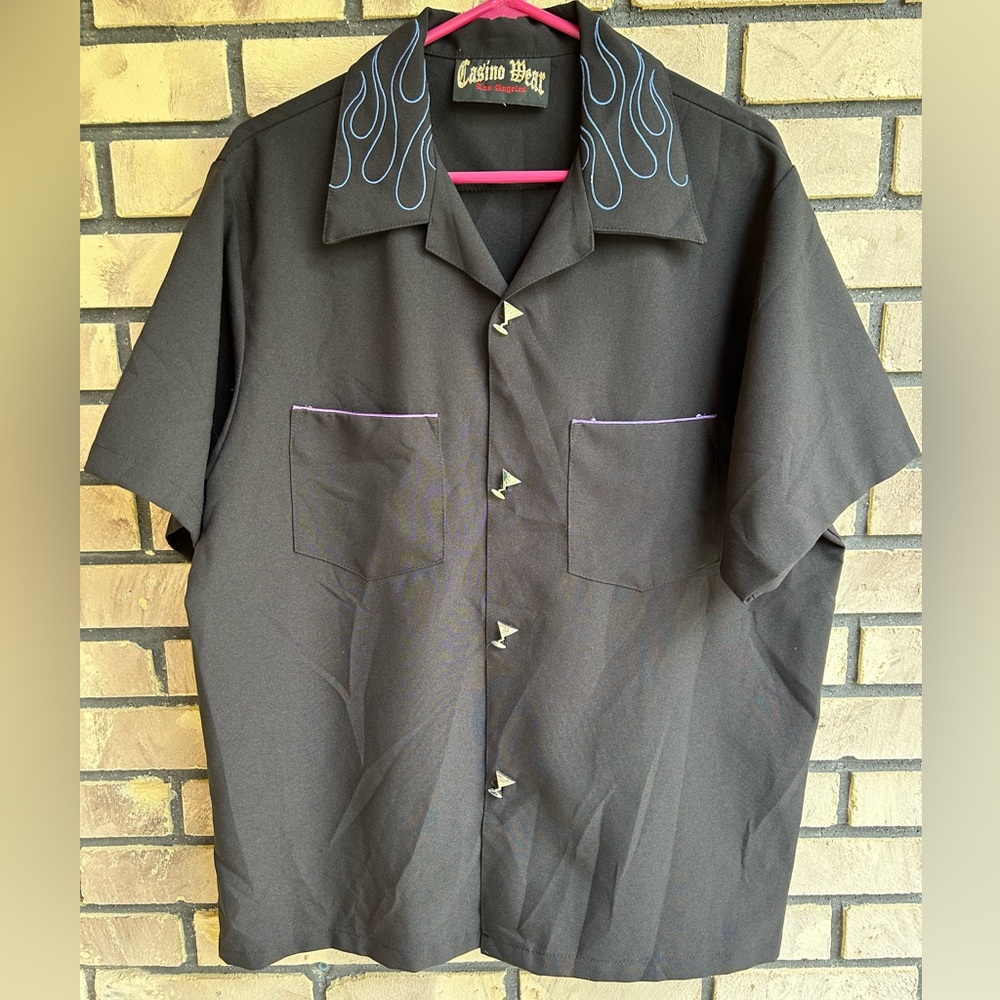 Vintage Men’s XL Rockabilly Casino Wear Top With Flames & Martini Buttons